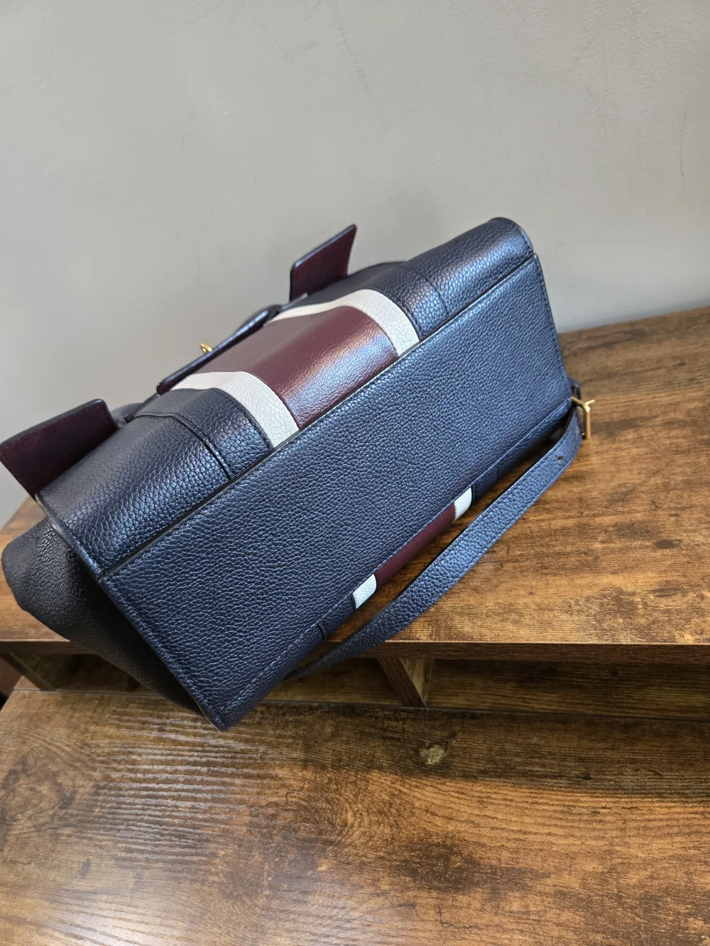 Mulberry Navy Leather Satchel with Burgundy and White Center Stripe